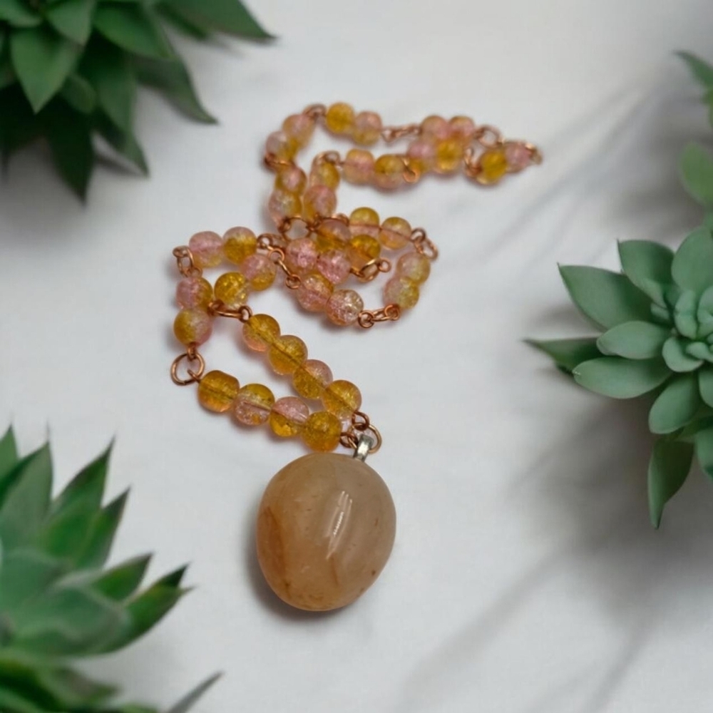 Handmade Yellow & Pink Beaded Necklace with Carnelian Pendant – Elegant Jewelry